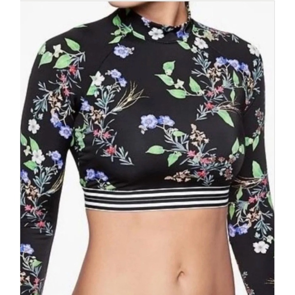 Athleta Floral Crop Rash Guard Long Sleeve Swim Shirt Womans Sz Medium UPF 50+